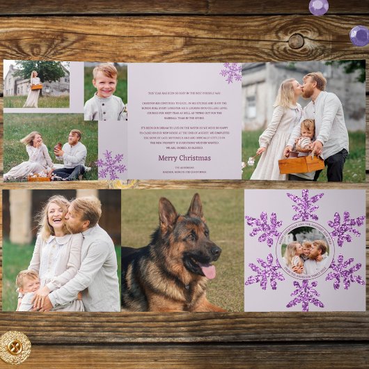 スノーフレークパープルグユニークラム7枚の写数々の真 三つ折りクリスマスカード