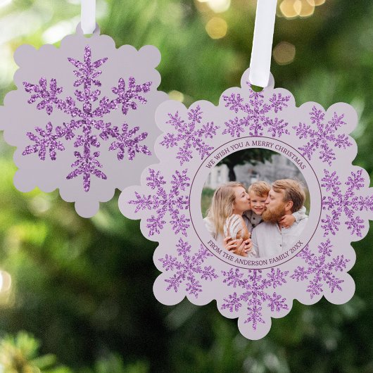 スノーフレークパープルグラムかわいい家族の写真クリスマス オーナメントカード