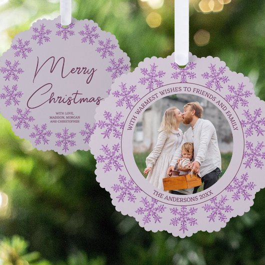 スノーフレークパープルグラム写真エレガントクリスマス オーナメントカード