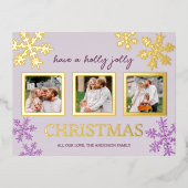 スノーフレークパープルグラム3フォトクリスマス金ゴールド 箔シーズンポストカード (正面)