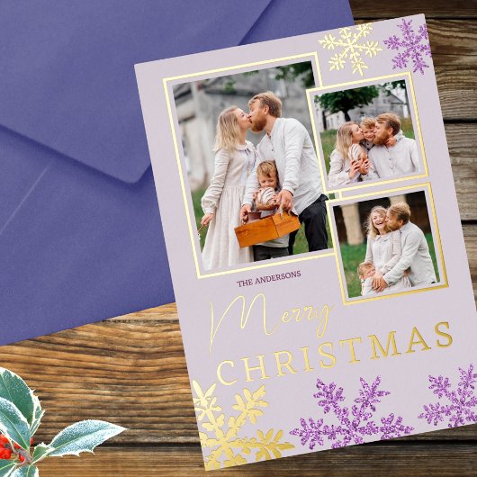 スノーフレークパープルグラム3フォトコラージュ金ゴールド 箔シーズンカード