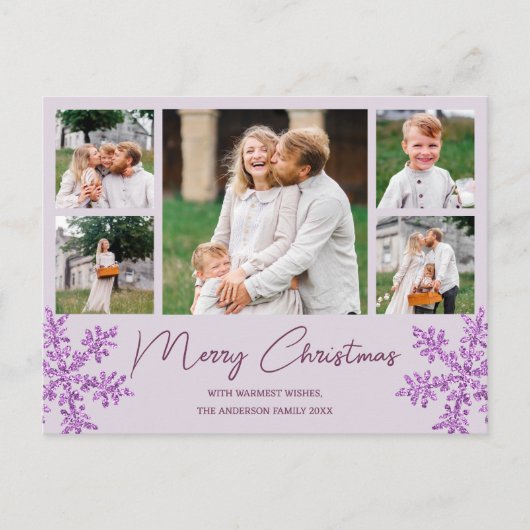 スノーフレークパープルグラム5家族の写真クリスマス シーズンポストカード (正面)