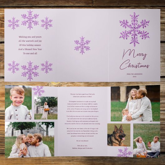 スノーフレークパープルグラム6枚メリー写数々の真 三つ折りクリスマスカード