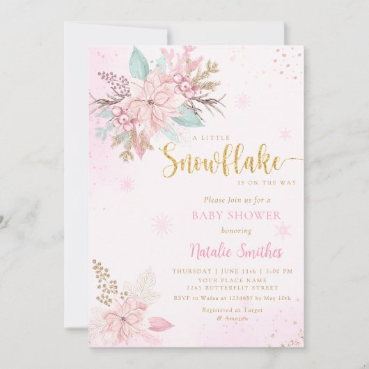 スノーフレークピンクと金ゴールドグリッター冬のベビーシャワー 招待状 (正面)