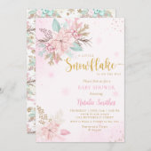 スノーフレークピンクと金ゴールドグリッター冬のベビーシャワー 招待状 (正面/裏面)