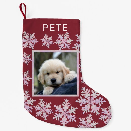 スノーフレークピンクのオパールおもしろいの子供やペットの写真 スモールクリスマスストッキング (正面)
