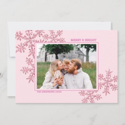 スノーフレークピンクのグラムエレガントクリスマスフォト シーズンカード (正面)