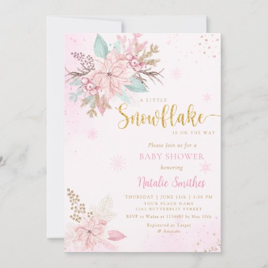 スノーフレークピンクの水の色の冬の女の子の赤ちゃんシャワー 招待状 (正面)