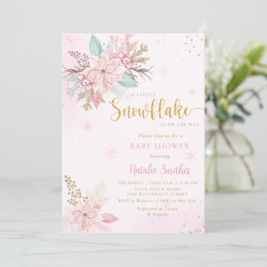 スノーフレークピンクの水の色の冬の女の子の赤ちゃんシャワー 招待状 (スタンド正面)