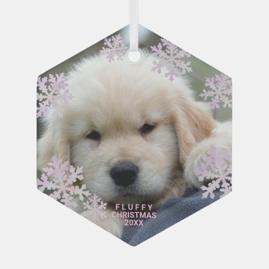 スノーフレークピンクオパールエレガントミニマル写真 ガラスオーナメント (正面)