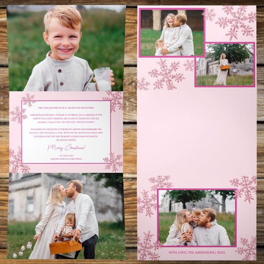 スノーフレークピンクグエレガントラム5フォトコラージュ 三つ折りクリスマスカード