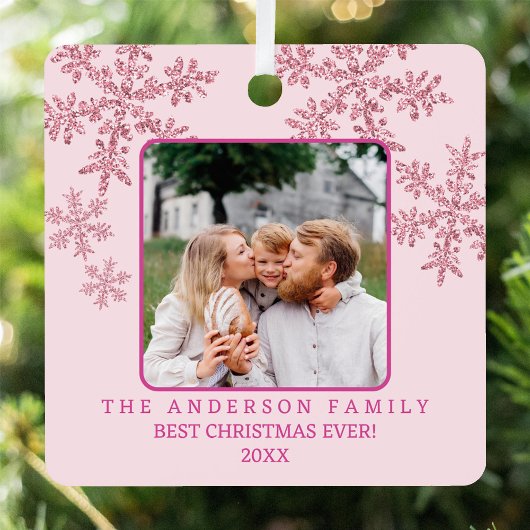 スノーフレークピンクグラムエレガント2フォトクリスマス メタルオーナメント