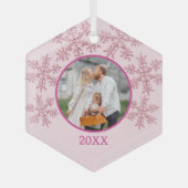 スノーフレークピンクグラムキュート家族写真クリスマス ガラスオーナメント (正面)