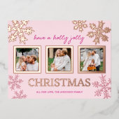 スノーフレークピンクグラム3フォトクリスマスバラ金ゴールド 箔シーズンポストカード (正面)