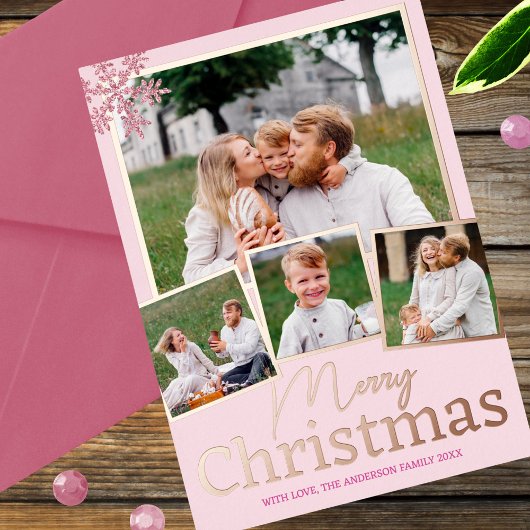 スノーフレークピンクグラム4フォトコラージュバラ金ゴールド 箔シーズンカード