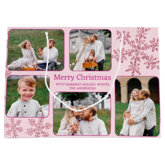 スノーフレークピンクグラム5フォトコラージュクリスマス ラージペーパーバッグ (正面)