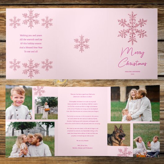 スノーフレークピンクグラム6枚メリー写数々の真 三つ折りクリスマスカード