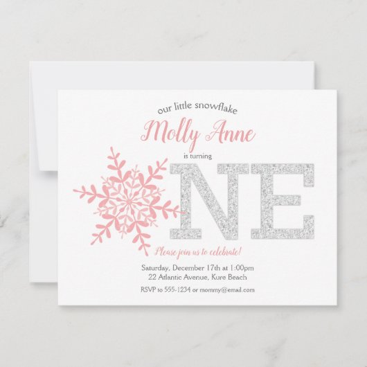 スノーフレークピンクシルバーグリッター冬の1歳の誕生日 招待状 (正面)