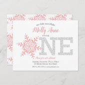 スノーフレークピンクシルバーグリッター冬の1歳の誕生日 招待状 (正面/裏面)