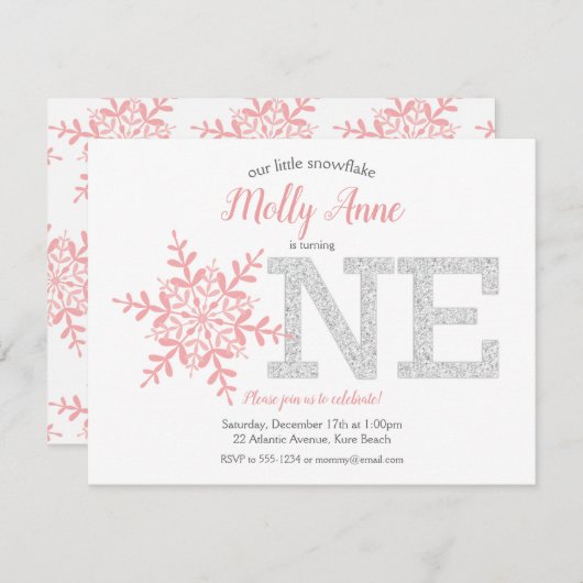 スノーフレークピンクシルバーグリッター冬の1歳の誕生日 招待状 (正面/裏面)