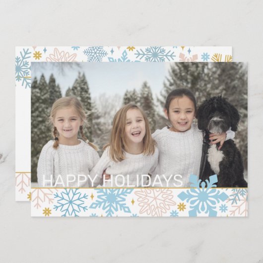 スノーフレークピンクブルー金ゴールドクリスマスホリデーズフォト シーズンカード (正面/裏面)
