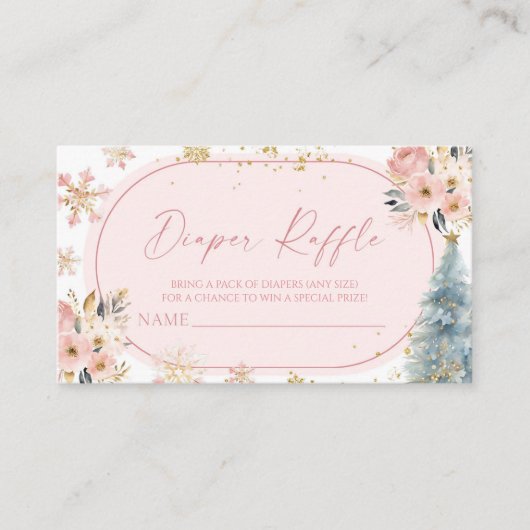 スノーフレークピンク冬の赤ちゃんシャワーおむつラッフル エンクロージャーカード (正面)