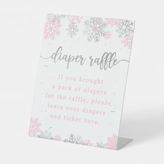 スノーフレークピンク銀おむつラッフルベビーシャワー 台座サイン (正面)
