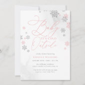 スノーフレークピンク&シルバーグリッターウィンターベビーシャワー 招待状 (正面)