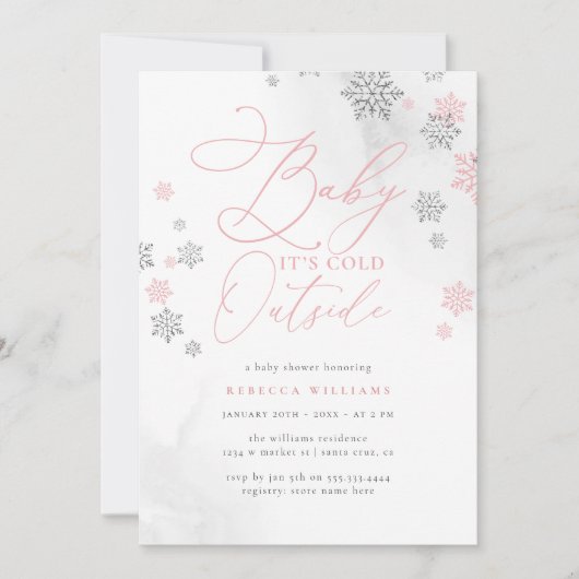 スノーフレークピンク&シルバーグリッターウィンターベビーシャワー 招待状 (正面)