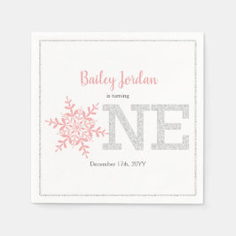 スノーフレークピンク&シルバーグリッター1st Birthday スタンダードカクテルナプキン