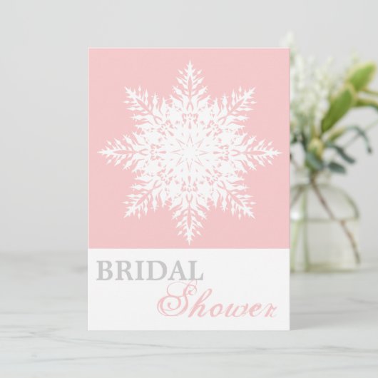 スノーフレークピンク、白い冬の結婚式ブライダルシャワー 招待状 (スタンド正面)