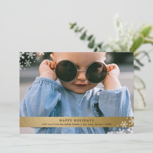 スノーフレークフェイクアクセント付きゴールドフォイル写真 シーズンカード (スタンド正面)