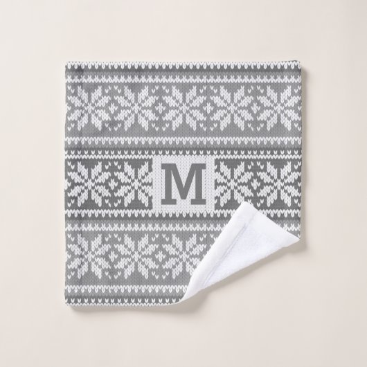 スノーフレークフェイクニットセーター柄モノグラムグレー バスタオルセット (ウォッシュタオル)