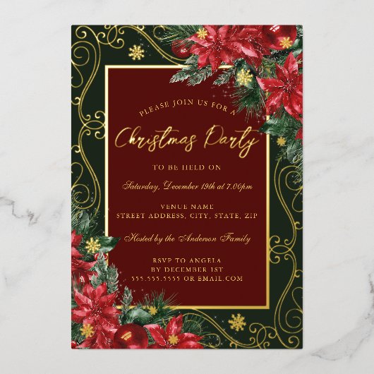 スノーフレークフェスティバルフローラフレームクリスマスパーティー 箔招待状 (正面)