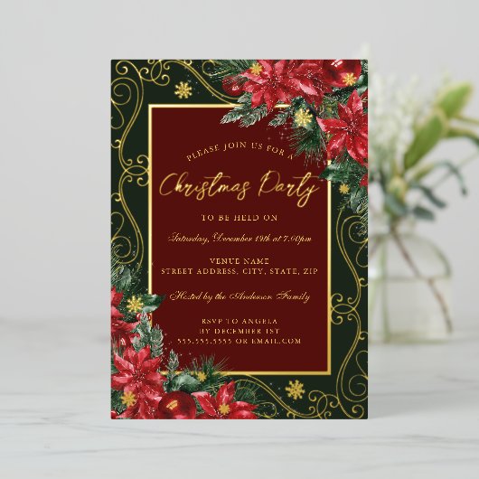 スノーフレークフェスティバルフローラフレームクリスマスパーティー 箔招待状 (立ち正面)