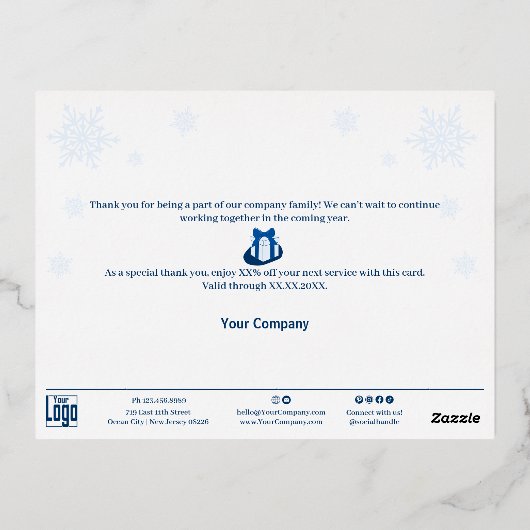 スノーフレークフォイルアクセント青ビジネスホリデーカード 箔シーズンポストカード (裏面)
