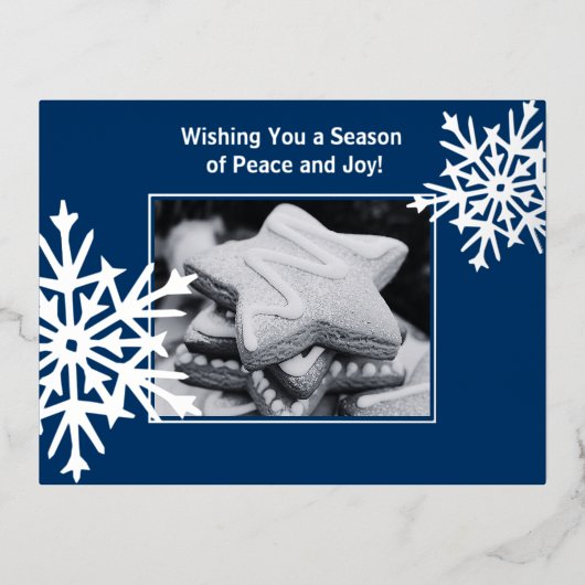 スノーフレークフォイルアクセント青ビジネスホリデーカード 箔シーズンポストカード (正面)