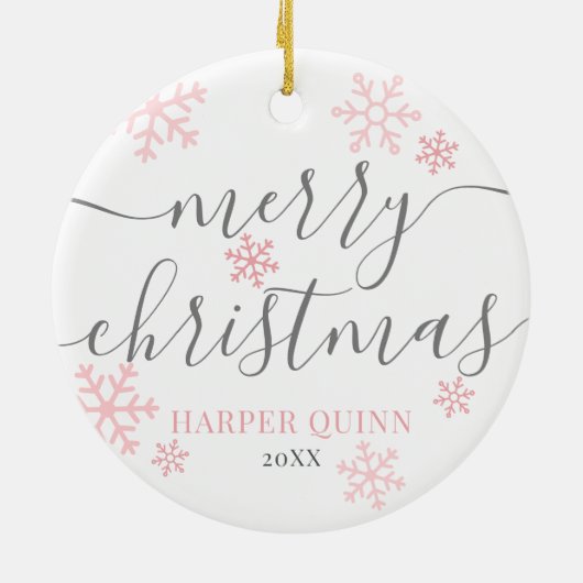 スノーフレークフォトガールベビー初めてのクリスマス セラミックオーナメント (裏面)