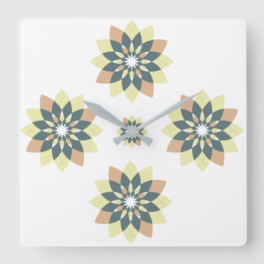 スノーフレークフローラオレンジイエロー スクエア壁時計 (正面)