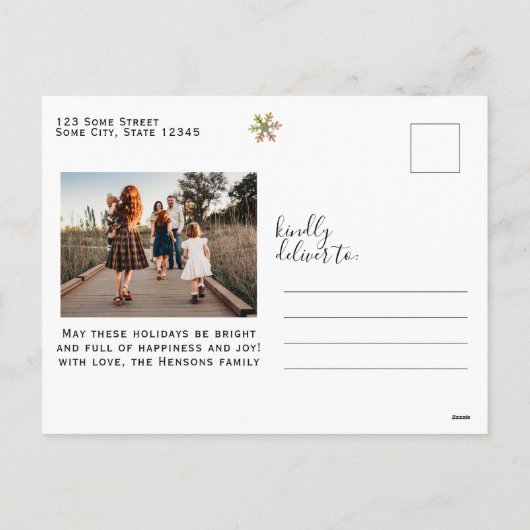 スノーフレークブラッククリスマススクリプトファミリーフォト シーズンポストカード (裏面)