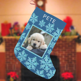 スノーフレークブルーオパールおもしろいキッズまたはペット写真 スモールクリスマスストッキング