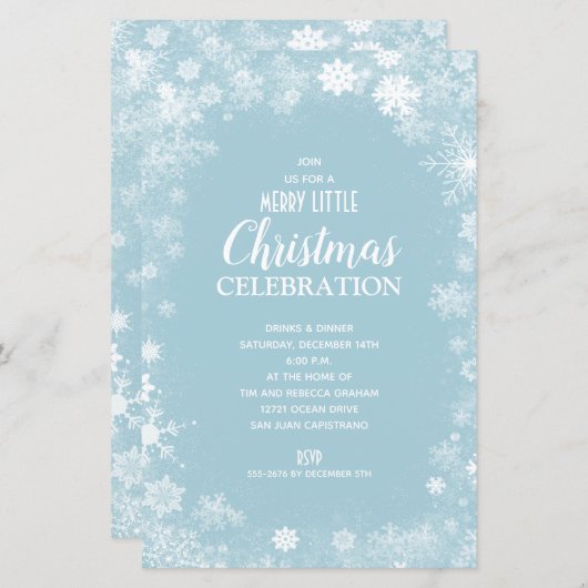 スノーフレークブルークリスマスホリデーバジェット招待状 (正面/裏面)