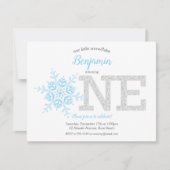 スノーフレークブルーシルバーグリッター冬1歳の誕生日 招待状 (正面)