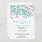 スノーフレークブルーティール（緑がかった色）シルバーウィンター誕生日招待状 招待状 (正面/裏面)
