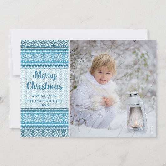 スノーフレークブルーニットセーター写真カスタムグリーティング シーズンカード (正面)