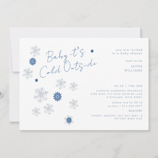 スノーフレークブルーベビー屋外シャワーが冷たい 招待状 (正面)