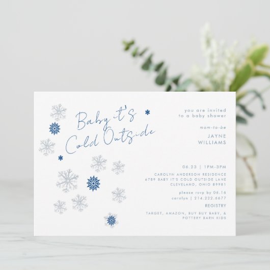 スノーフレークブルーベビー屋外シャワーが冷たい 招待状 (スタンド正面)