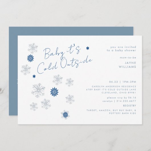 スノーフレークブルーベビー屋外シャワーが冷たい 招待状 (正面/裏面)