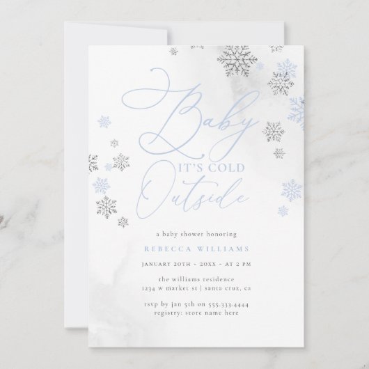 スノーフレークブルー&シルバーグリッターウィンターベビーシャワー 招待状 (正面)