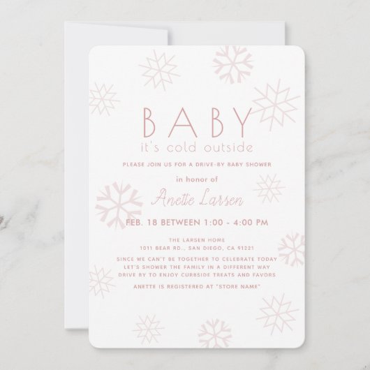 スノーフレークベビーその冷たいピンクのドライブバイベビーシャワー 招待状 (正面)